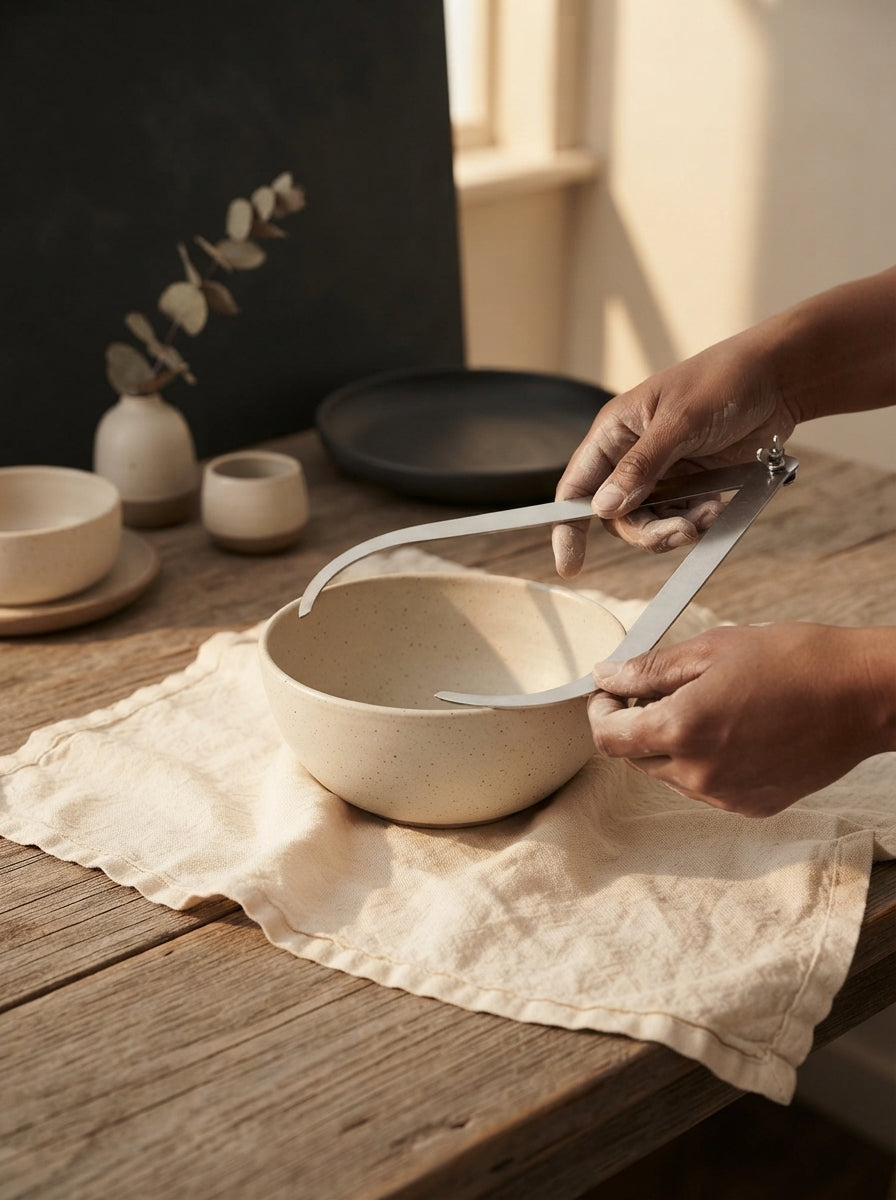 Hands using a stainless steel clay caliper to measure the dimensions of a ceramic bowl on a wooden workbench.